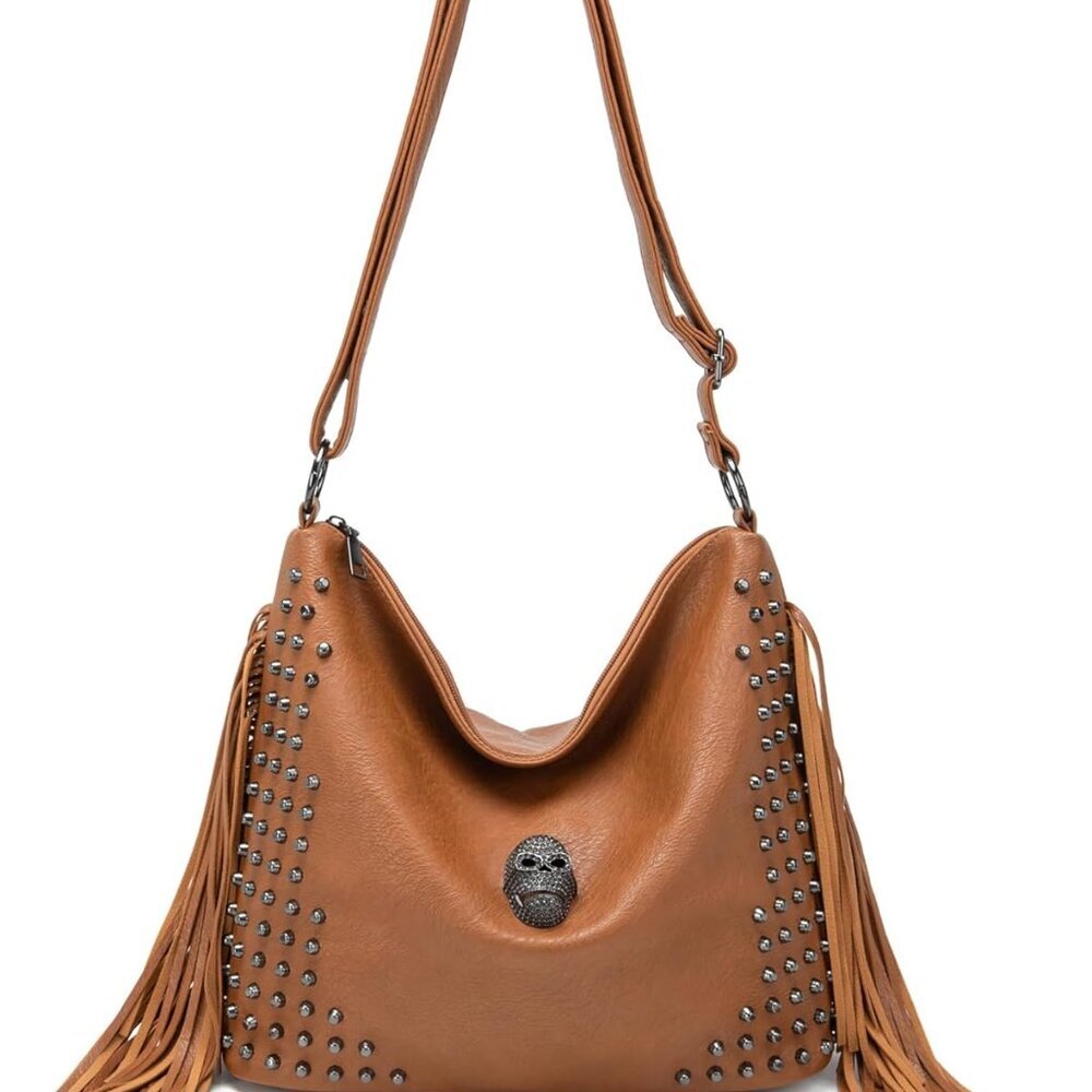 Skull Shoulder Handbags for Women Gothic Rivet Tassel Crossbody Bag Punk Hobo Me